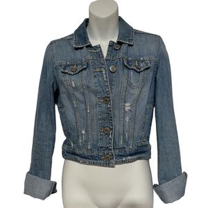 American Eagle Denim Jeans Jacket Blue Cropped Distressed XS-TP